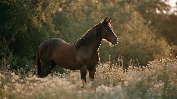 美しい風景に溶け込む茶色の馬 美しい風景に溶け込む茶色の馬の写真