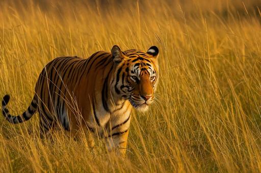草むらを歩くトラの写真