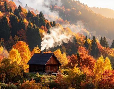 秋色に染まった山の中に建っている山小屋3 秋色に染まった山の中に建っている山小屋3の写真