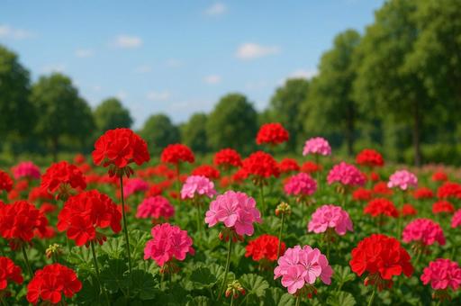 青空に映える赤とピンクのゼラニウムの花畑 青空に映える赤とピンクのゼラニウムの花畑の写真