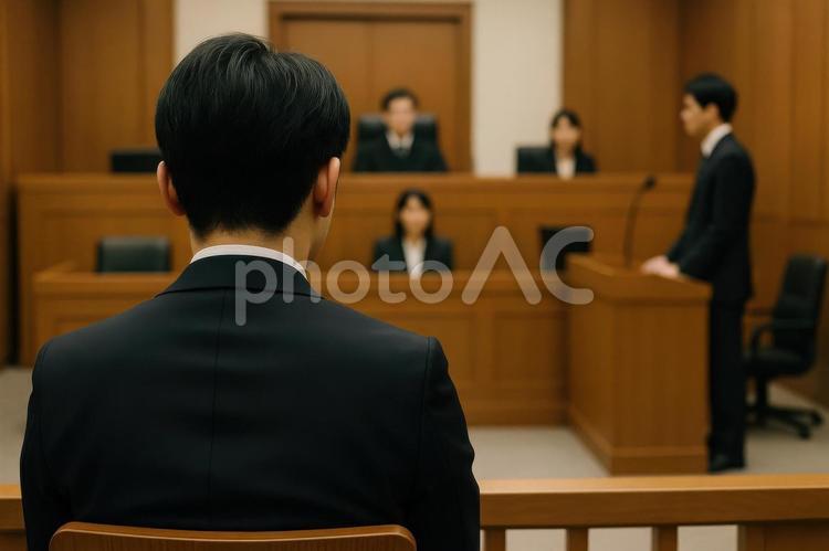裁判所で着席しているスーツ姿の男性 法廷,裁判所,裁判の写真素材