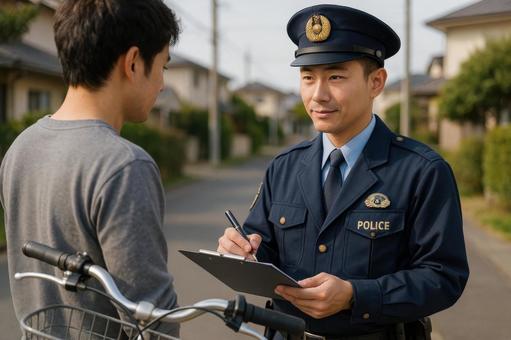 自転車盗難防止登録をする警察官 自転車盗難防止登録をする警察官の写真