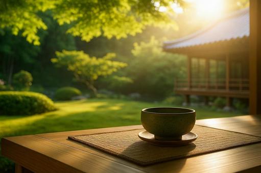 朝日の茶室と抹茶碗と日本庭園 朝日の茶室と抹茶碗と日本庭園の写真