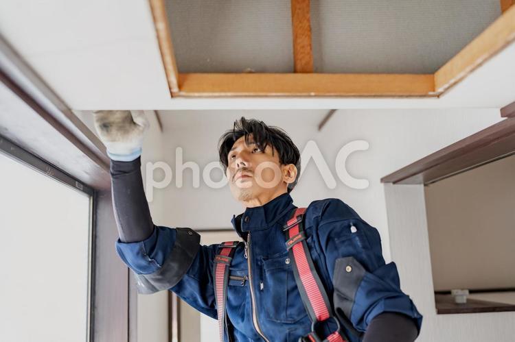 天井の電気工事をする作業員の男性 ビジネス,ビジネスマン,男の写真素材
