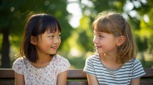 公園で遊ぶ日本人と西洋人の女の子 公園で遊ぶ日本人と西洋人の女の子の写真