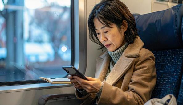 電車で座って読書をするミドル女性の写真