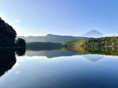 夏の西湖と富士山 富士山,西湖,湖の写真素材
