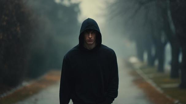 フードで顔を隠した人物のポートレート フードで顔を隠した人物のポートレートの写真