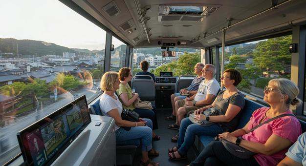 AI全自動運転バスで京都を楽しむ観光客の写真