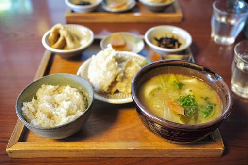 大分名物だご汁定食 大分名物だご汁定食 ごはん,小鉢,サラダの写真素材