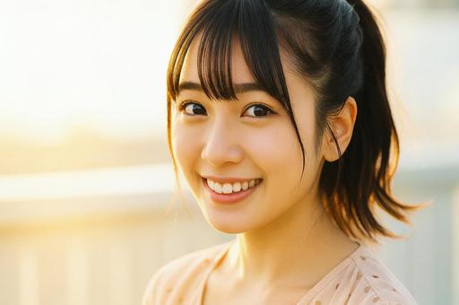 夕暮れ時の柔らかい光の中で微笑む女性の写真