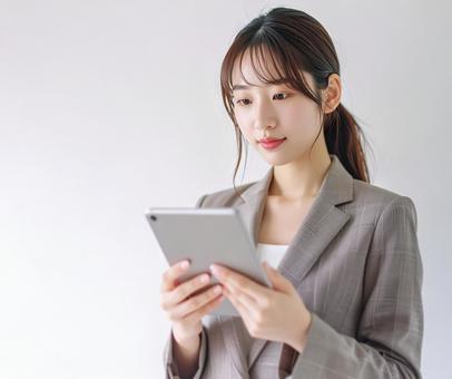 タブレットPCを確認する女性 タブレットPCを確認する女性の写真
