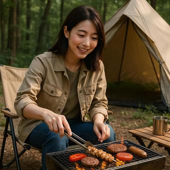 ソロキャンプでバーベキューを楽しむ女性 ソロキャンプでバーベキューを楽しむ女性の写真