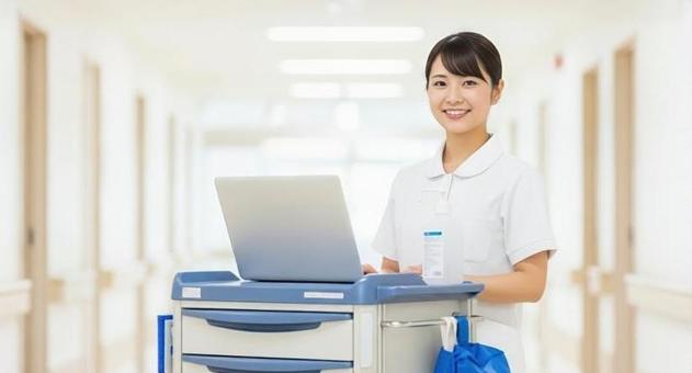 医療用カートを押すアジア人看護師 医療用カートを押すアジア人看護師の写真