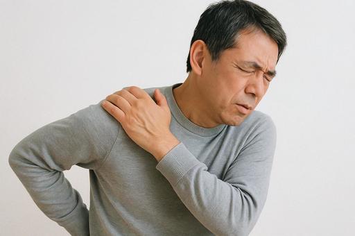 肩の痛みに苦しむ中年男性 肩の痛みに苦しむ中年男性の写真