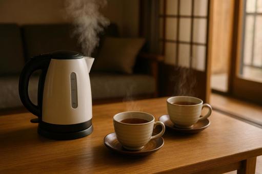 電気ケトルとティータイムの写真