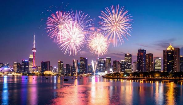 たくさんのカラフルな打ち上げ花火の夜景 たくさんのカラフルな打ち上げ花火の夜景の写真