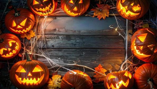 ジャック・オ・ランタンのフレーム木目背景 ジャック・オ・ランタンのフレーム木目背景の写真