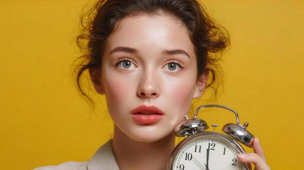 目覚まし時計を手に、視線を送る女性 目覚まし時計を手に、視線を送る女性の写真