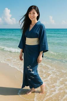 波打ち際の着物美人 波打ち際の着物美人の写真