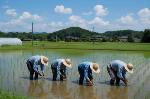 田植えをする年配の方々 田植えをする年配の方々の写真