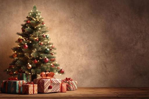 プレゼントが置いているクリスマスツリー プレゼントが置いているクリスマスツリーの写真