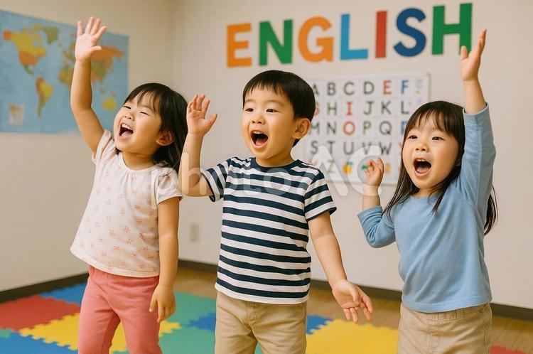 英会話教室で歌う未就学児 未就学児,早期学習,英語学習の写真素材