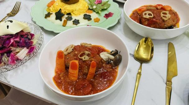 ハロウィンパーティーの家ごはん 料理,ハロウィーン,ハロウィンの写真素材