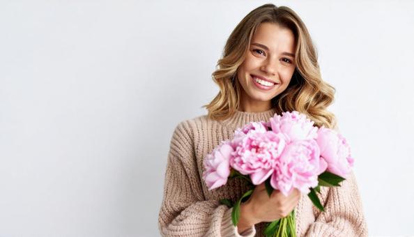 ナチュラルな笑顔の女性 花束 明るい ナチュラルな笑顔の女性 花束 明るいの写真