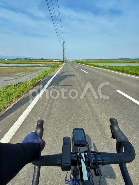 直線道路を自転車で 直線,道路,まっすぐの写真素材