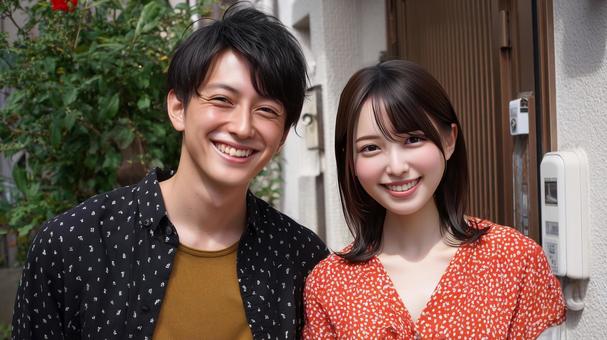 笑顔の仲良しカップルの夏の写真