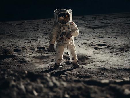 月面に立つ宇宙飛行士:広がる暗闇 月面に立つ宇宙飛行士:広がる暗闇の写真
