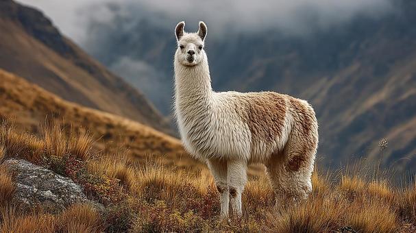 広大な牧草地に立つ、平和なアルパカの日常 広大な牧草地に立つ、平和なアルパカの日常の写真