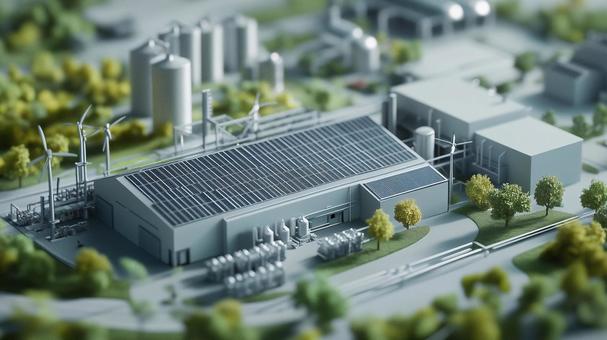 ソーラーパネルのある工場 ジオラマ模型 プラント,ミニチュア,模型の写真素材