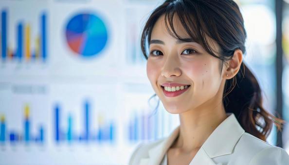 グラフの前に立つ日本人女性会社員 グラフの前に立つ日本人女性会社員の写真