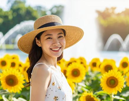 麦わら帽子の彼女と、都市公園の噴水 麦わら帽子の彼女と、都市公園の噴水の写真