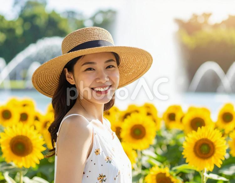 麦わら帽子の彼女と、都市公園の噴水 女性,笑顔,麦わら帽子の写真素材
