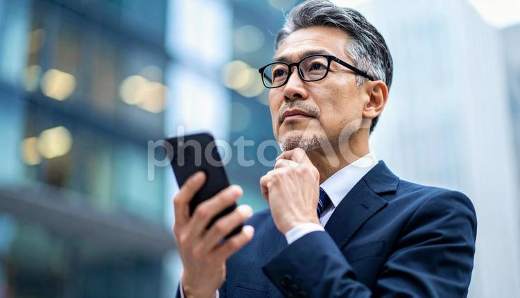 街中でスマホを見るビジネスマン 男性,スマートフォン,スマホを見るの写真素材