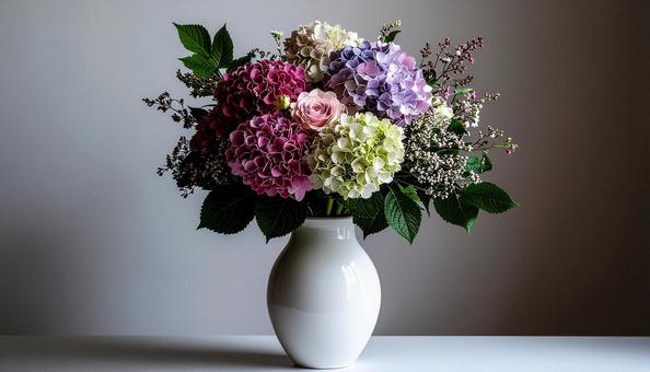 白い花瓶に生けられた花束　白背景の写真