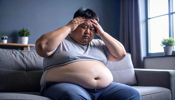 肥満で疲れやすく、額に手をやる男性 肥満で疲れやすく、額に手をやる男性の写真