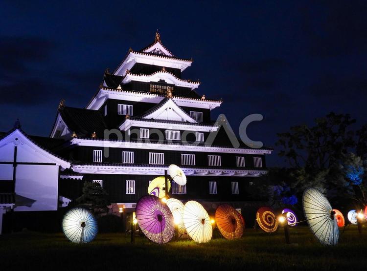 ライトアップされた岡山城天守閣 岡山城,ライトアップ,夜の写真素材
