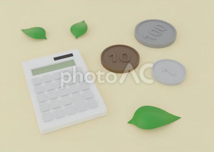 電卓と三種類の硬貨と葉 通帳,預金,貯蓄の写真素材