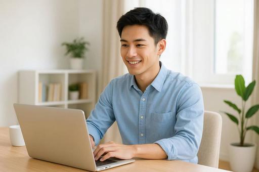 リモートワークをしてる素敵な男性 リモートワークをしてる素敵な男性の写真