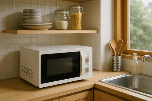 電子レンジとキッチンの風景 電子レンジとキッチンの風景の写真