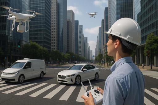 都市交差点のドローン操作の写真