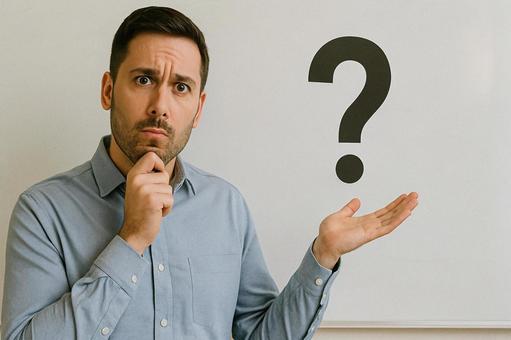 困惑する男性と疑問符 困惑する男性と疑問符の写真
