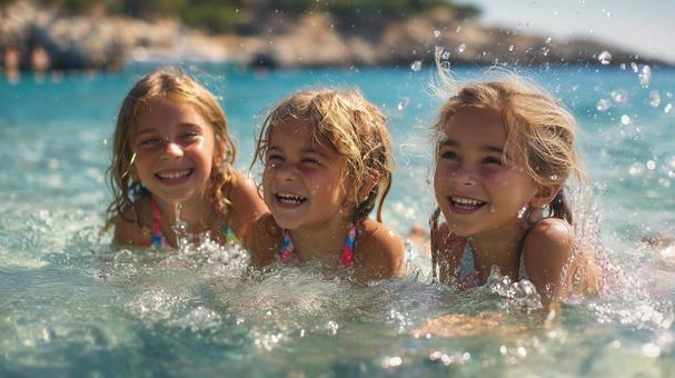 海で遊ぶ笑顔の子供たち 海で遊ぶ笑顔の子供たちの写真