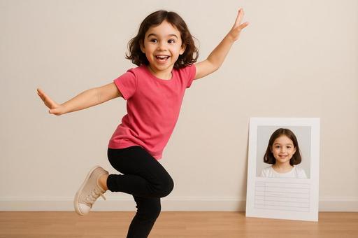 楽しそうに踊る女の子と証明写真 楽しそうに踊る女の子と証明写真の写真