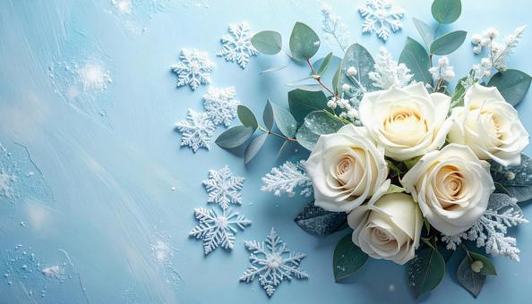 幻想的な雪の結晶と白いバラの優雅な背景 幻想的な雪の結晶と白いバラの優雅な背景の写真
