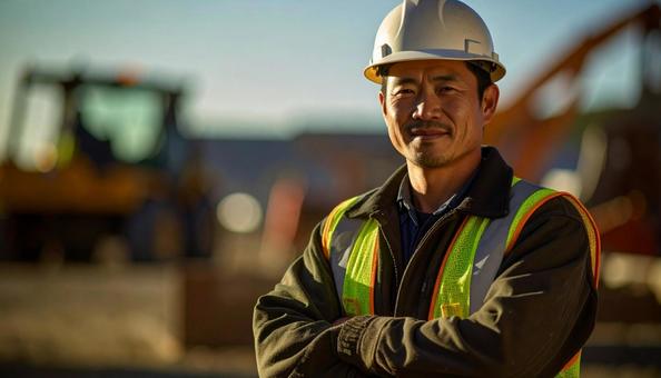 建設現場で腕組みをする建設作業員 建設現場で腕組みをする建設作業員の写真